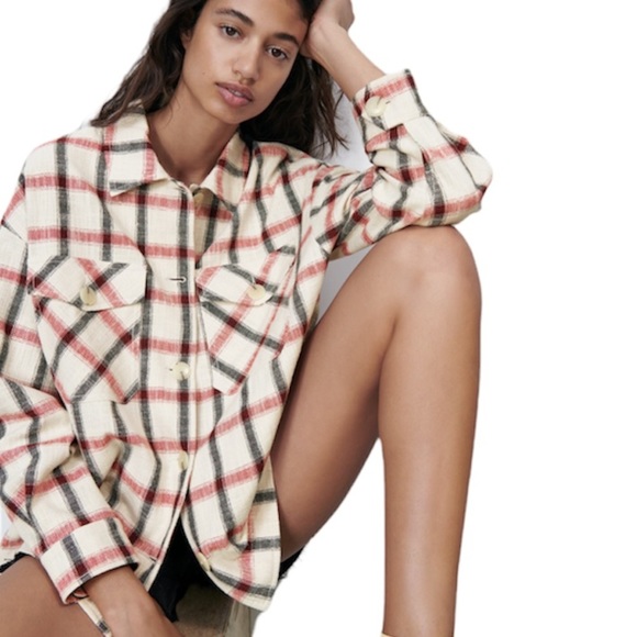 NEW Zara Cream Red Black Plaid Overshirt Shacket Jacket NWT - Picture 5 of 14